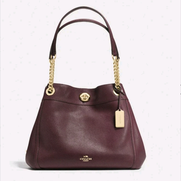 Coach Burgundy Bordeaux Pebbled Leather Edie Turnlock Shoulder Bag - Picture 1 of 13